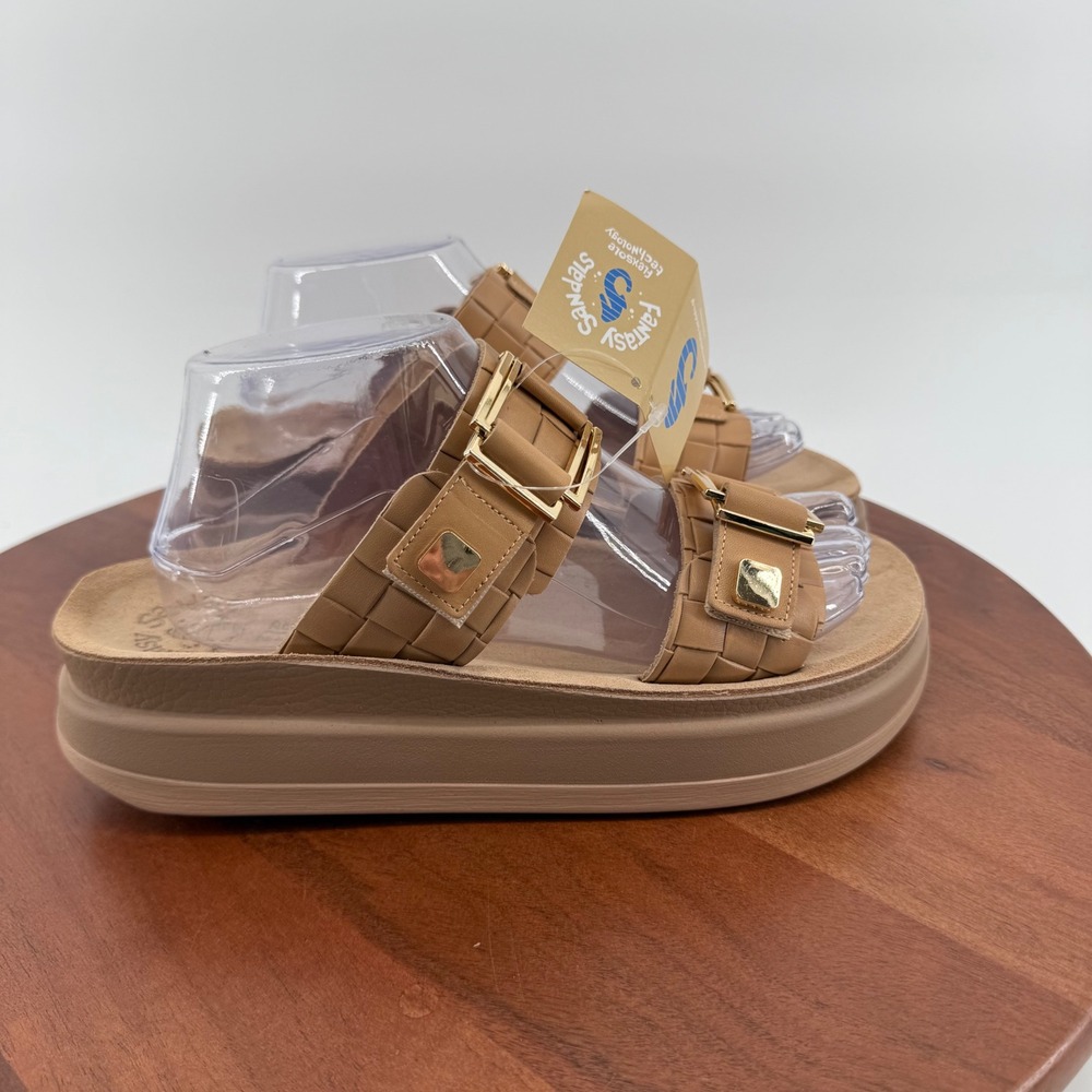 Fantasy Sandals Adelita Natural Leather Raffia Platform Slide EU40/US 9.5-10